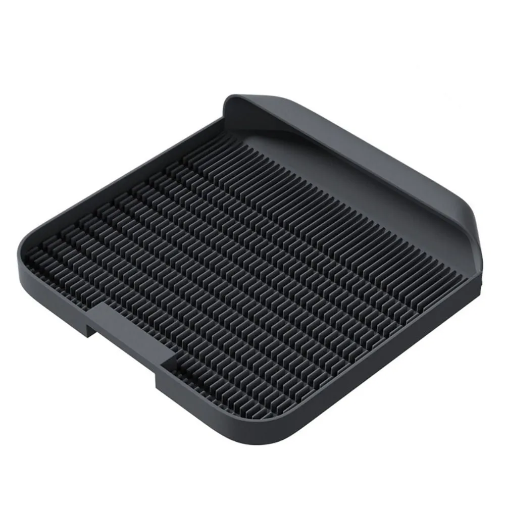 Large square black cat litter pedal with slanted mouth design and textured surface