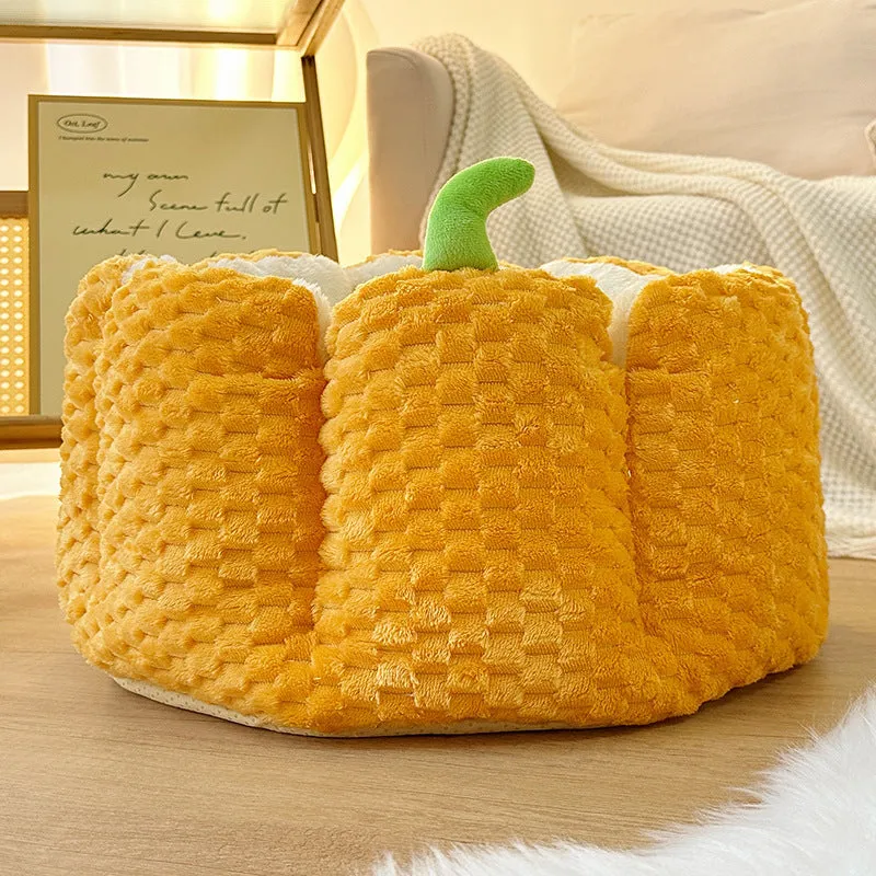 Orange pumpkin-shaped pet nest mat for cats with soft cotton filling in two sizes