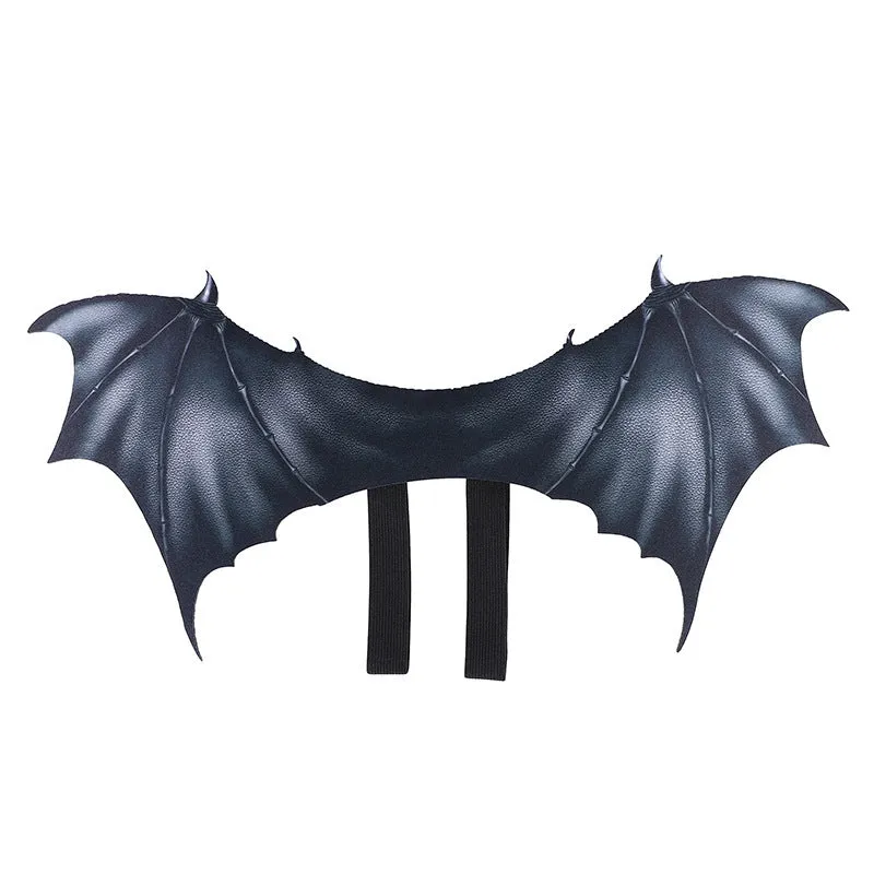 Black cloth bat wings costume shown on a pet's back, with size options for small, medium, and large dogs and cats.