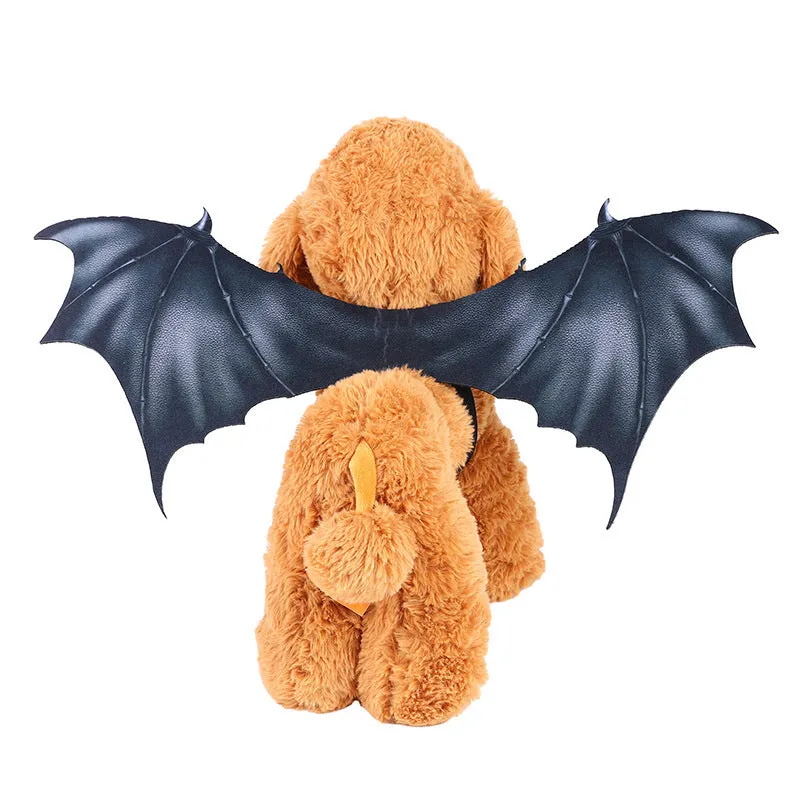 Black cloth bat wings costume shown on a pet's back, with size options for small, medium, and large dogs and cats.