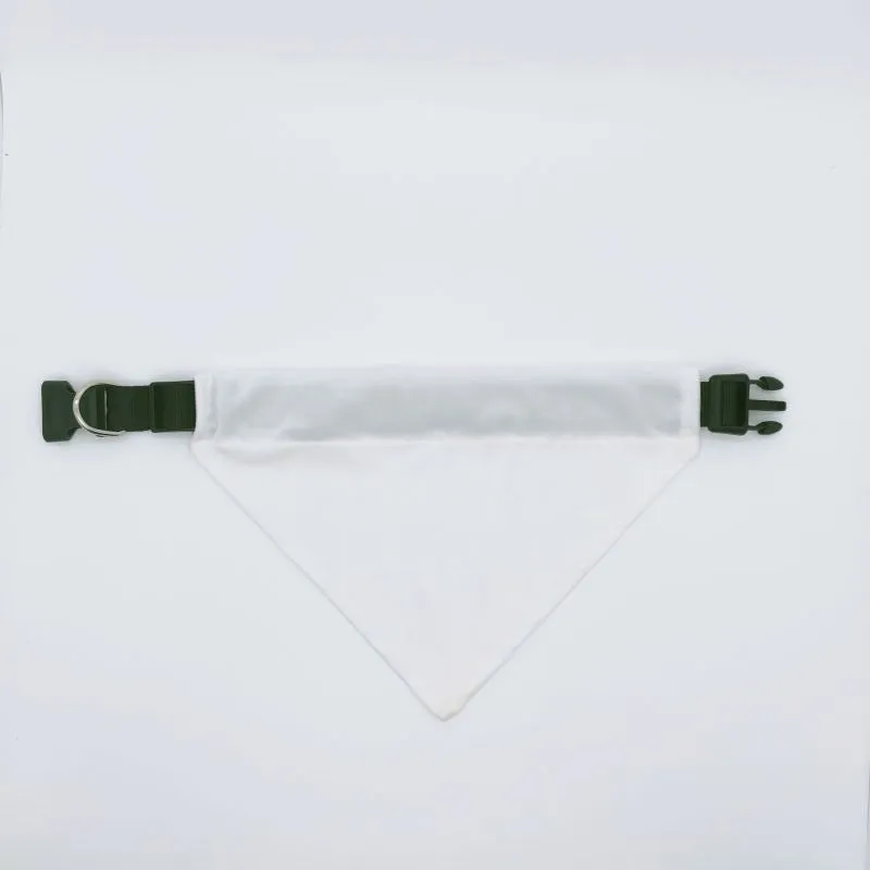 Blank white polyester dog scarf for custom thermal transfer printing in four sizes.