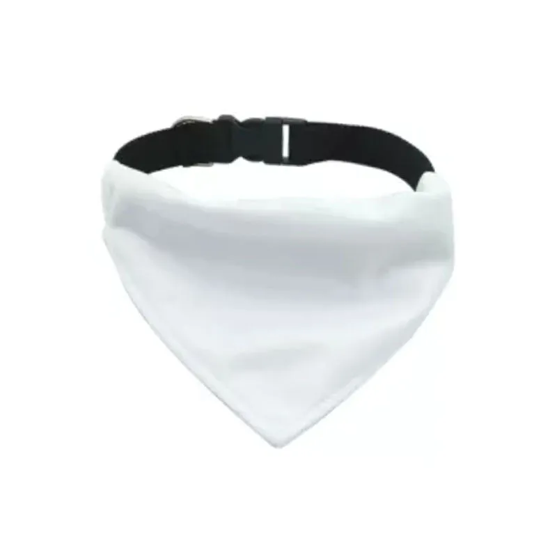 Blank white polyester dog scarf for custom thermal transfer printing in four sizes.