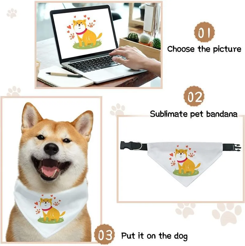 Blank white polyester dog scarf for custom thermal transfer printing in four sizes.