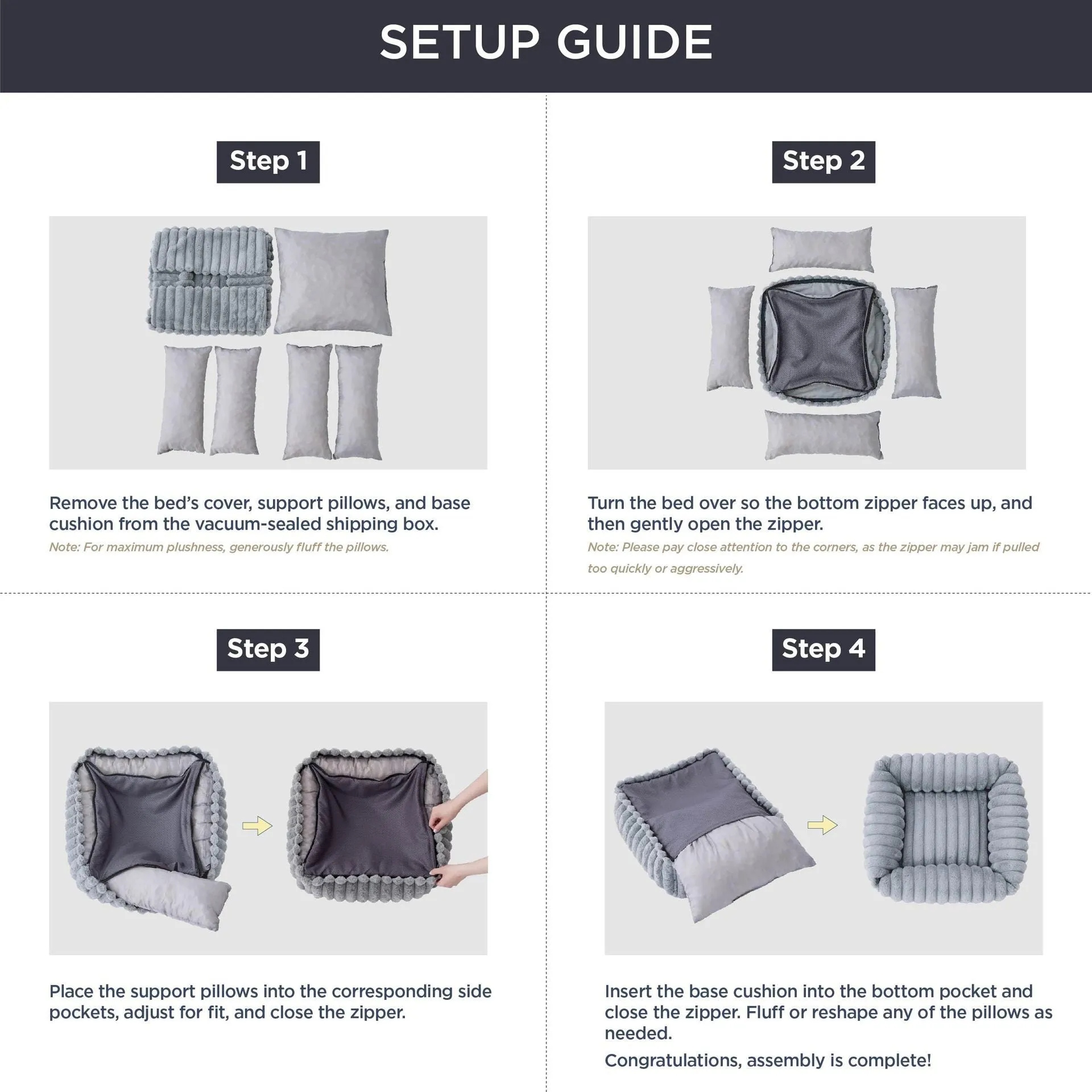 Dog bed with removable cover in beige colour showing four available size options