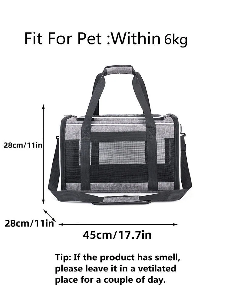 A grey portable pet carrier bag with blue edge trim, made from Oxford fabric, shown with dimensions of 44cm long by 29cm wide.