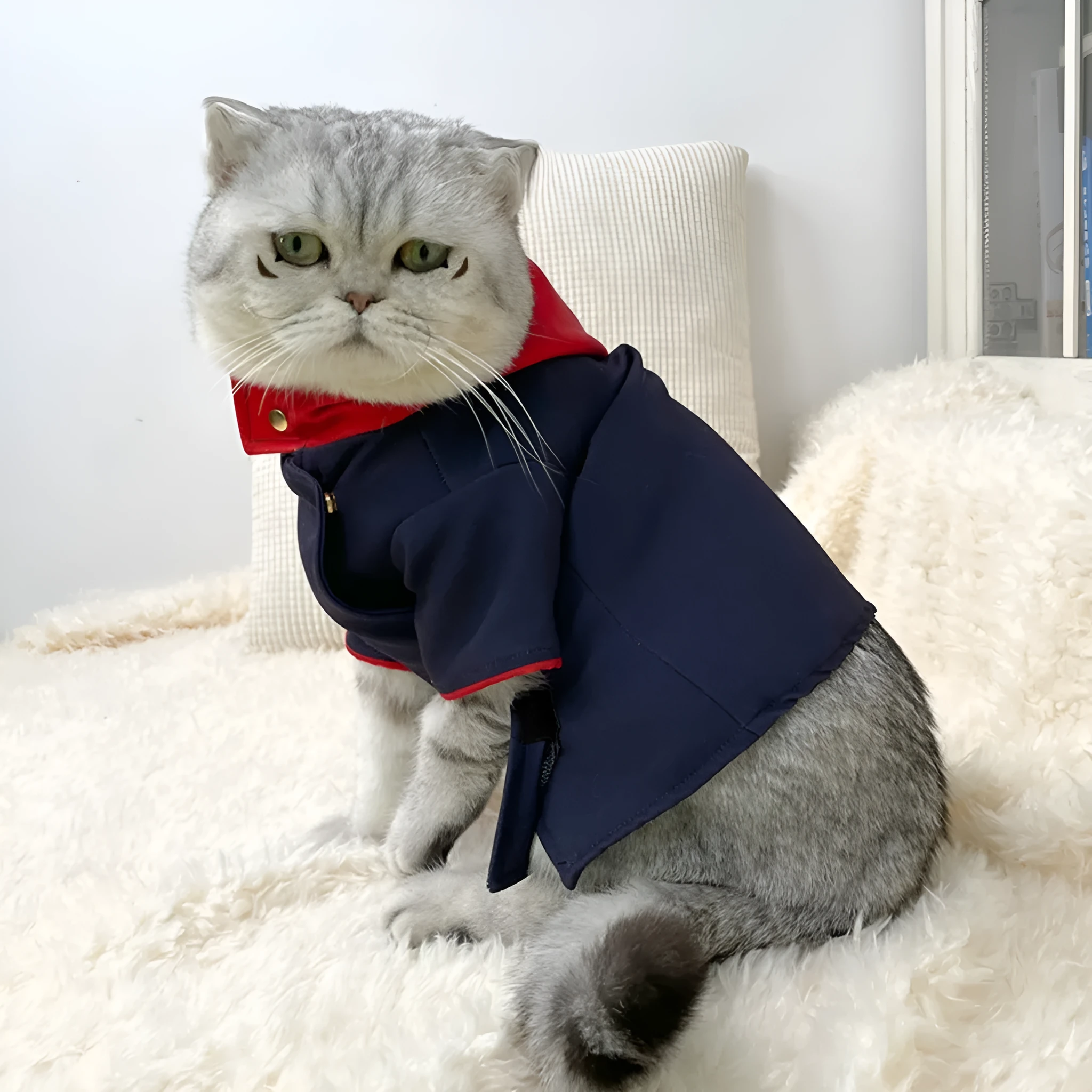 A Tiger Staff Yuren coloured hoodie for a small dog or cat, worn as a photo prop costume.