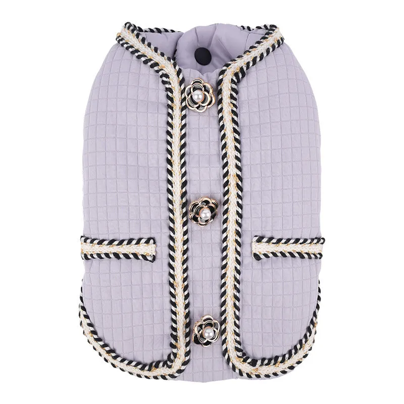 Cartoon print quilted dog coat in light purple colour for autumn and winter warmth