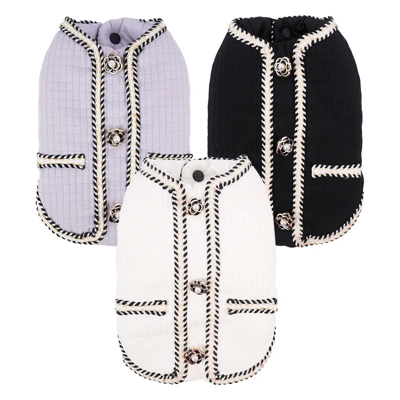 Cartoon print quilted dog coat in light purple colour for autumn and winter warmth