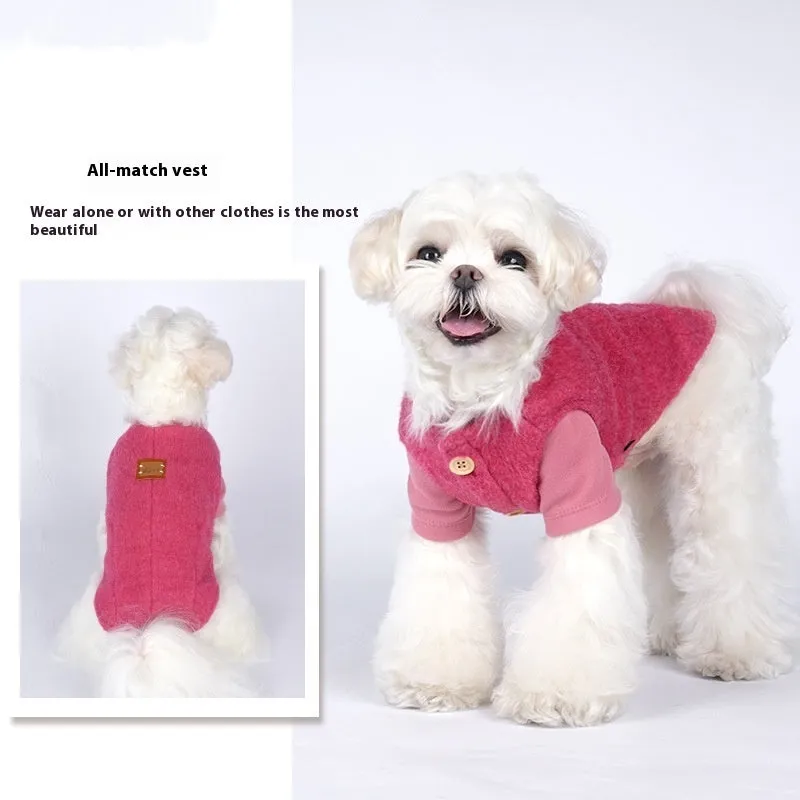 Small dog wearing a yellow knitted cotton winter vest, showcasing the Korean-style casual design.