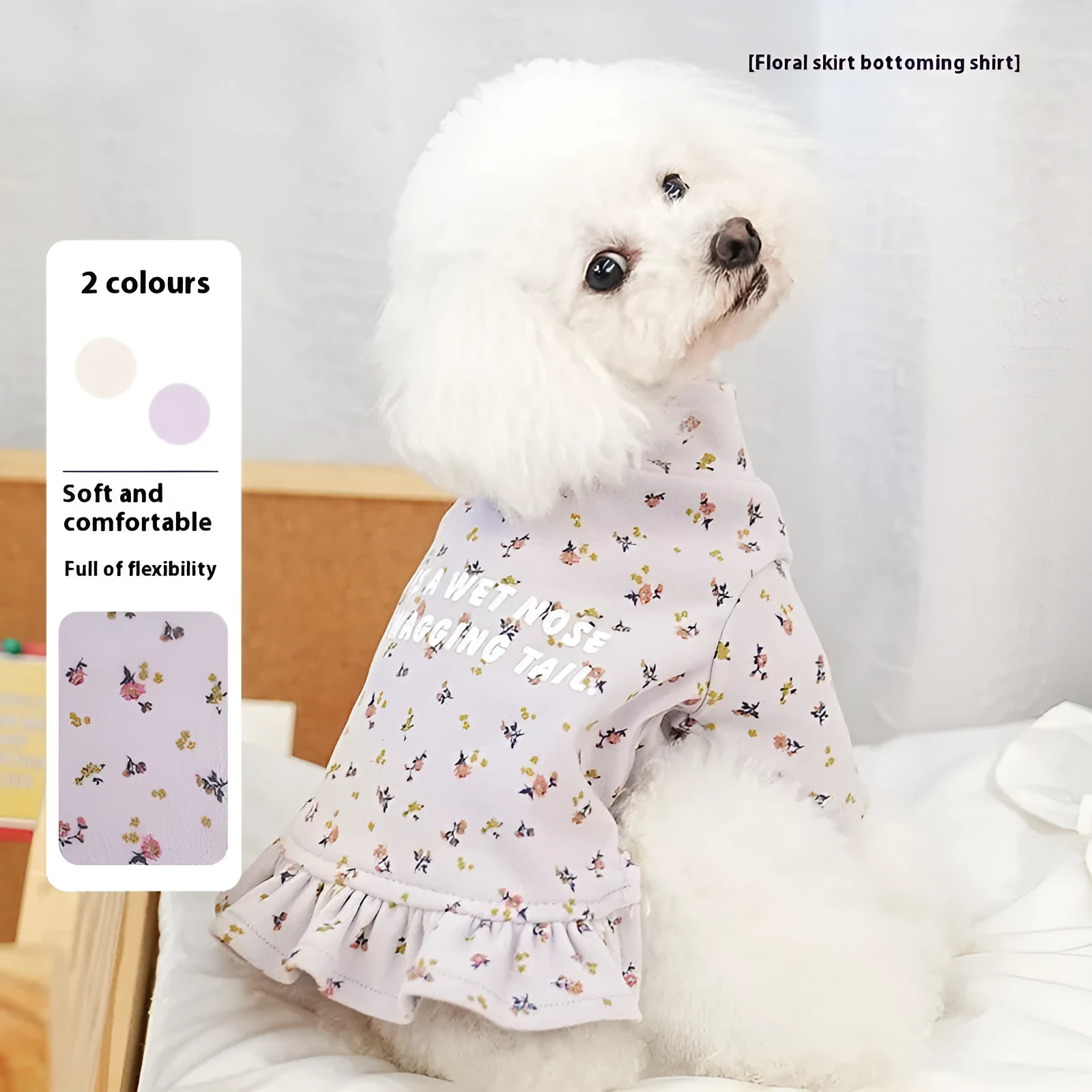 Light purple floral undershirt for a small Bichon Frise dog worn as a skirt.