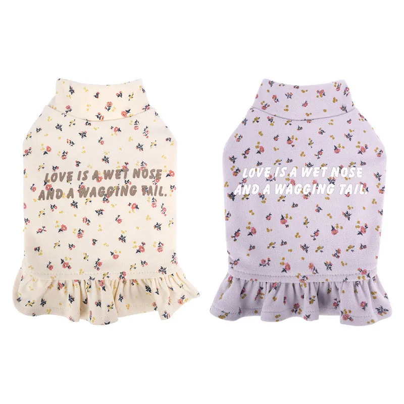 Light purple floral undershirt for a small Bichon Frise dog worn as a skirt.