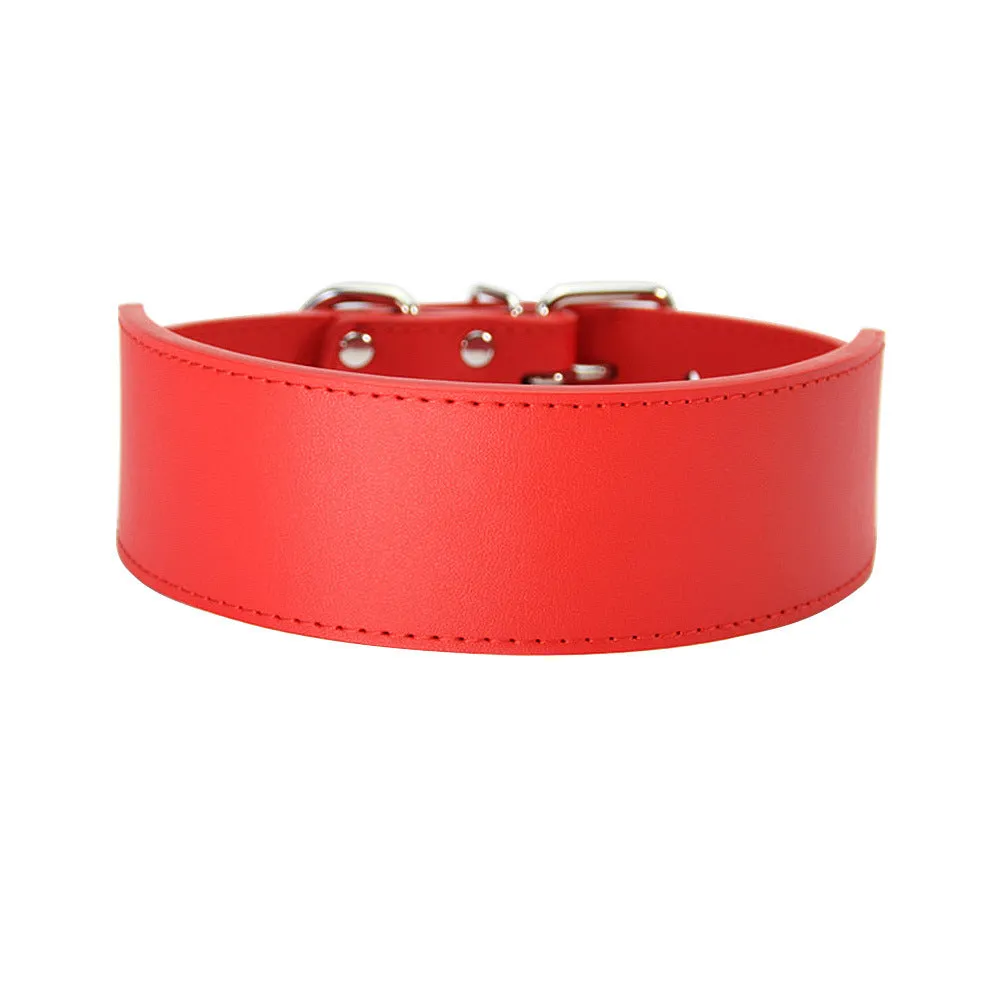 Fish-shaped red leather dog collar for large dogs on a size chart.