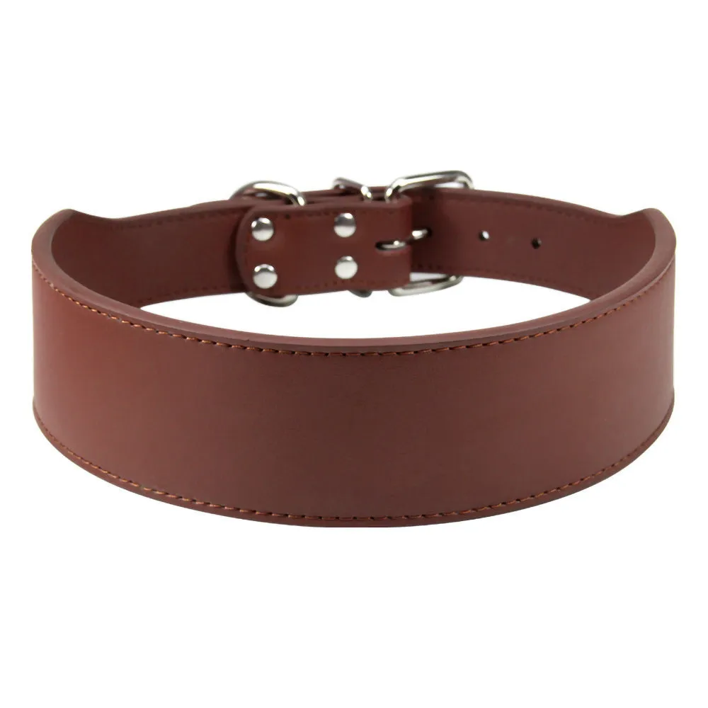 Fish-shaped red leather dog collar for large dogs on a size chart.