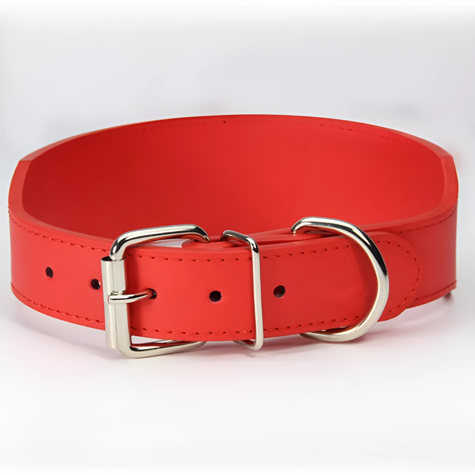 Fish-shaped red leather dog collar for large dogs on a size chart.
