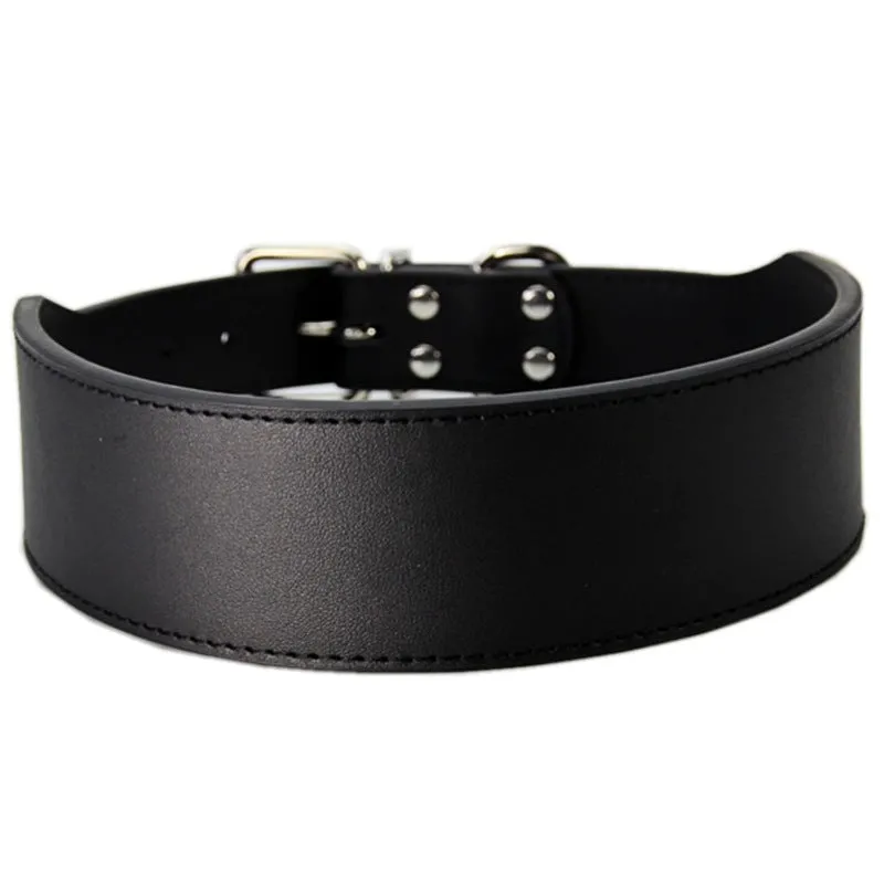 Fish-shaped red leather dog collar for large dogs on a size chart.