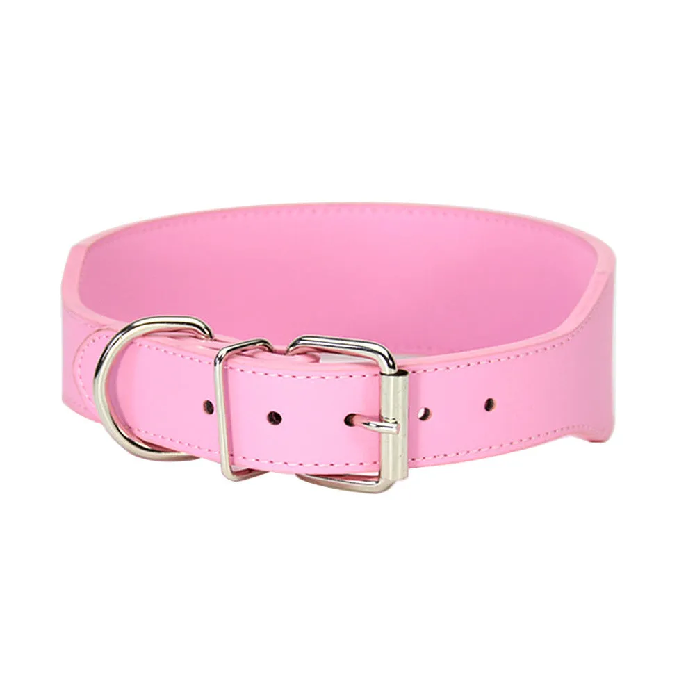 Fish-shaped red leather dog collar for large dogs on a size chart.