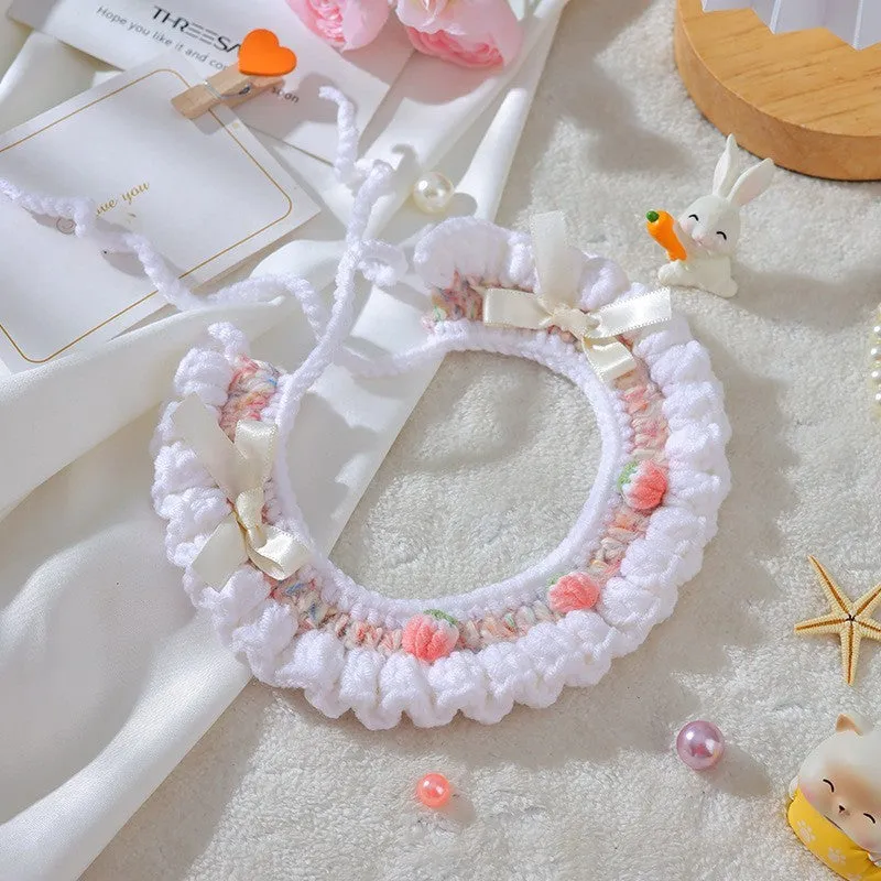 Handmade woven wool cat collar with British Shorthair embroidery and bell bow in pink colour