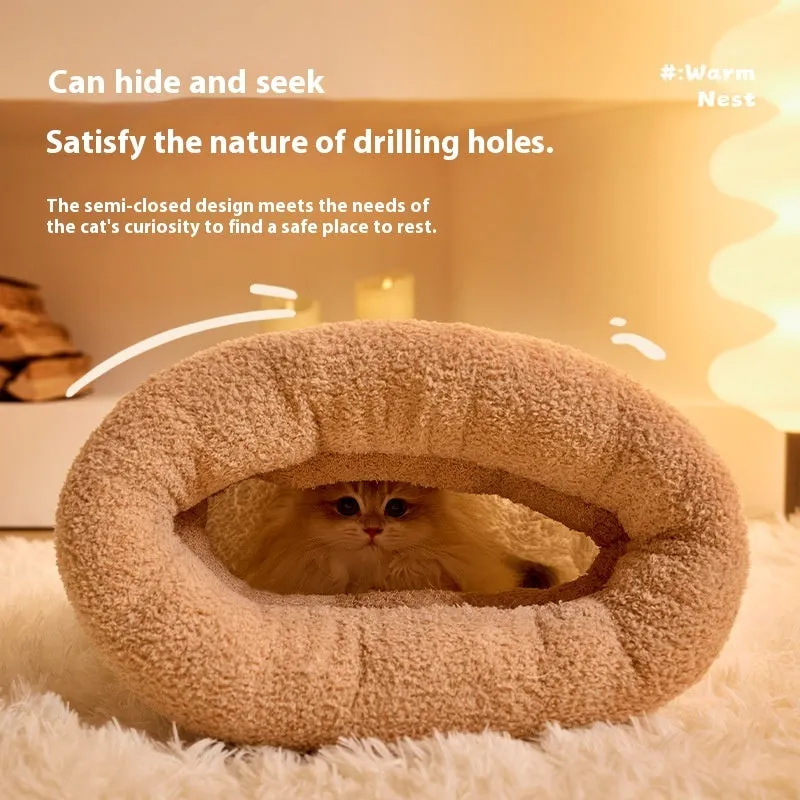 Brown semi-enclosed pet sleeping bag with lambswool insulation for cats and small dogs