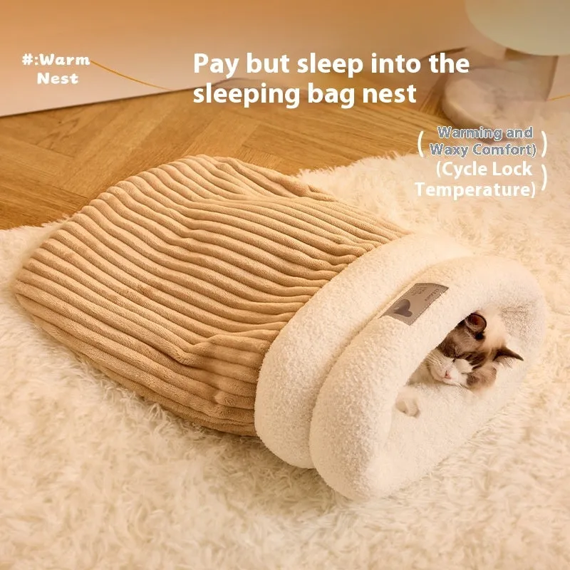Brown semi-enclosed pet sleeping bag with lambswool insulation for cats and small dogs