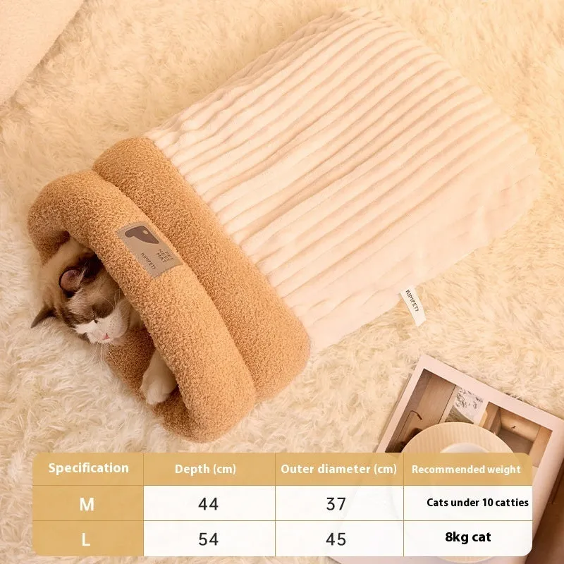 Brown semi-enclosed pet sleeping bag with lambswool insulation for cats and small dogs