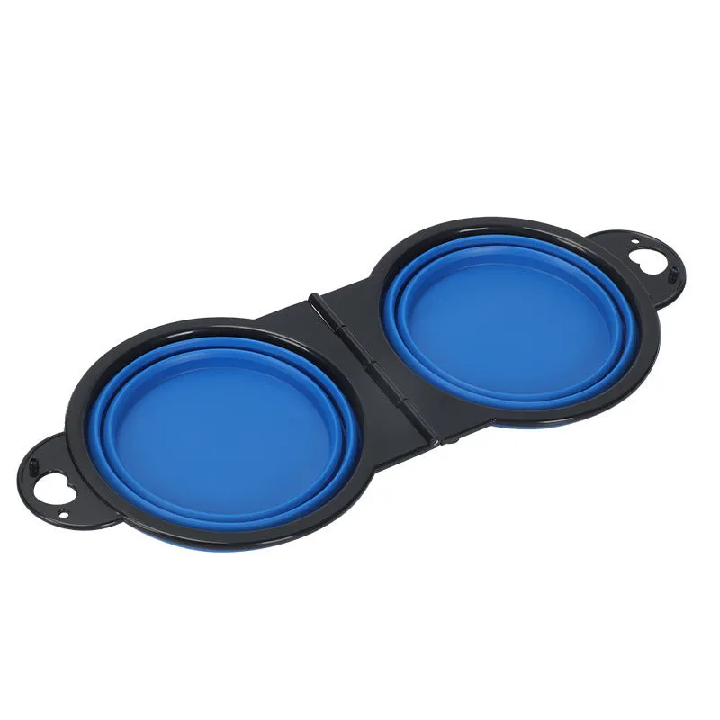 Blue folding silicone double pet bowl with non-slip base, shown open and collapsed flat.