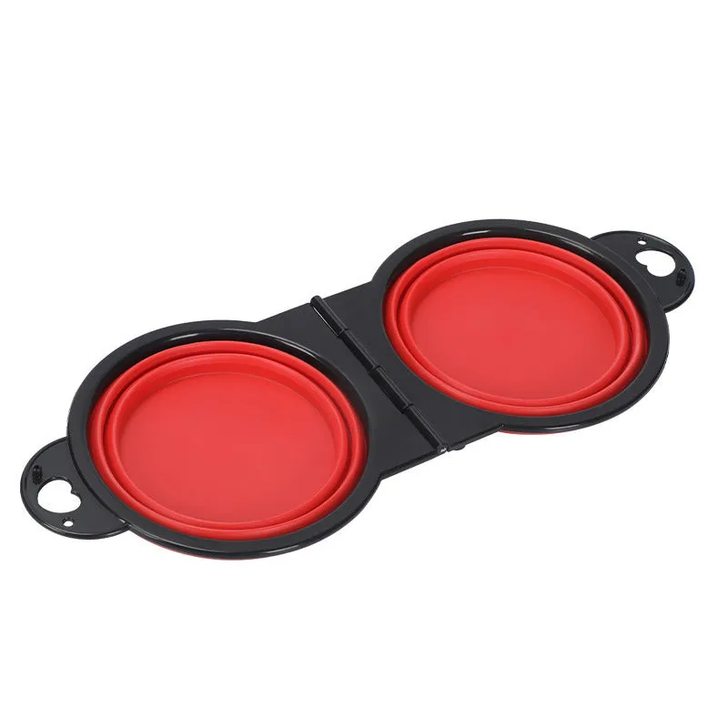 Blue folding silicone double pet bowl with non-slip base, shown open and collapsed flat.