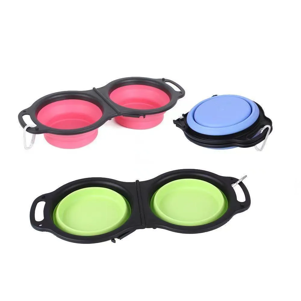 Blue folding silicone double pet bowl with non-slip base, shown open and collapsed flat.
