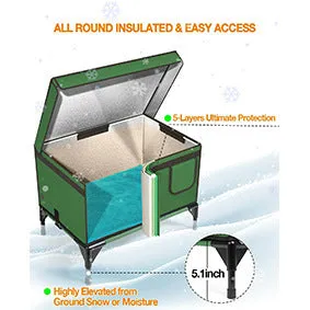 Green foldable cloth cat cage showing insulated outdoor shelter design with pet bed functionality