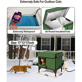 Green foldable cloth cat cage showing insulated outdoor shelter design with pet bed functionality