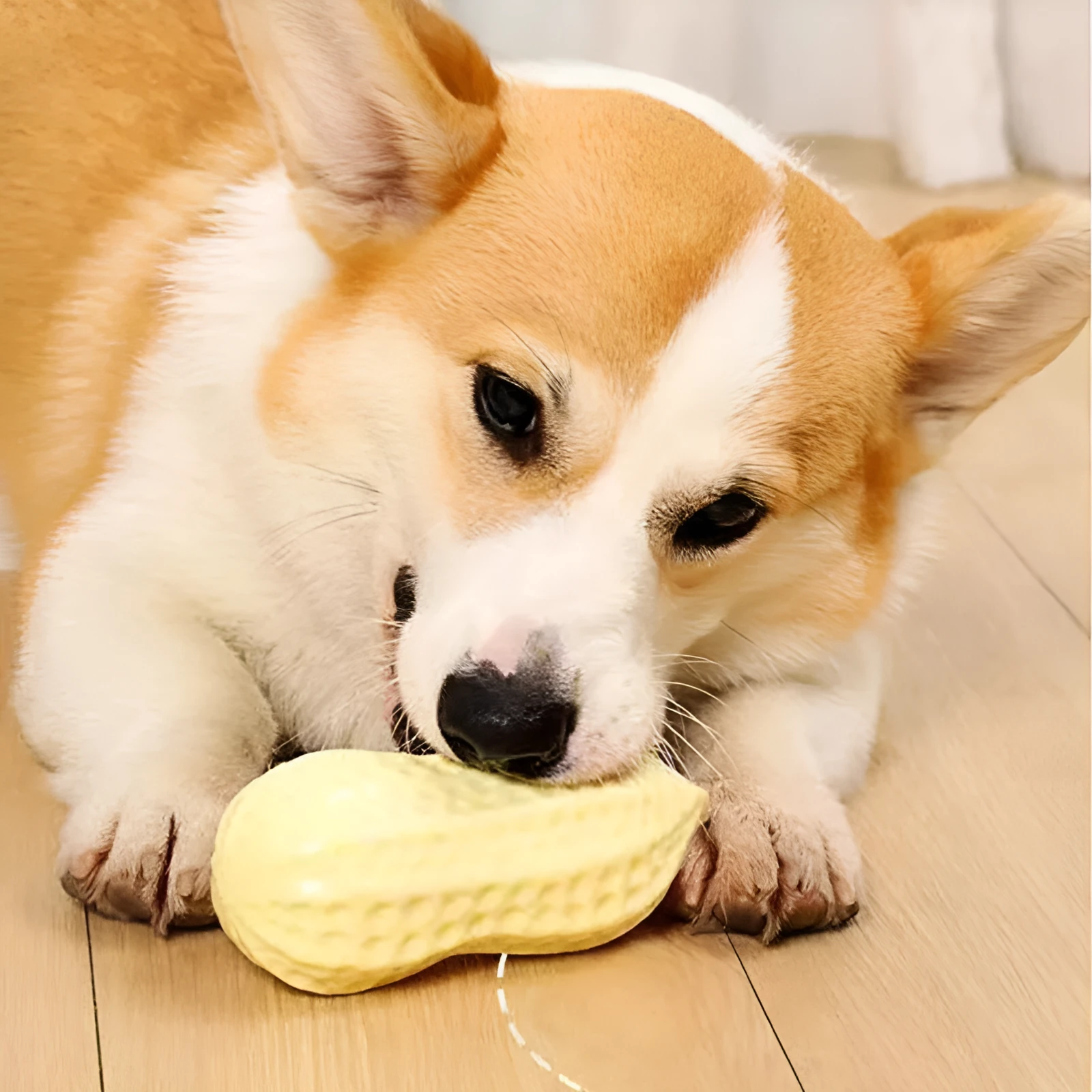 Yellow peanut-shaped dog chew toy with textured shell for teeth cleaning