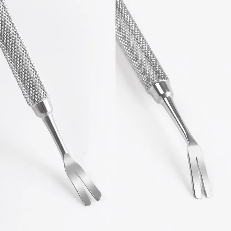 Close-up of silver stainless steel tick removal tweezers with fine pointed tip.