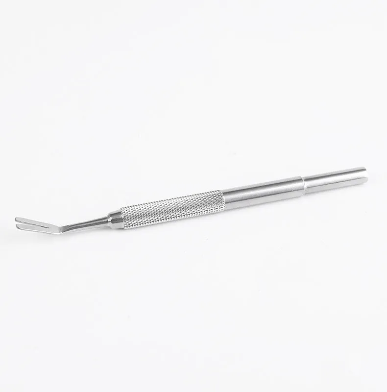 Close-up of silver stainless steel tick removal tweezers with fine pointed tip.
