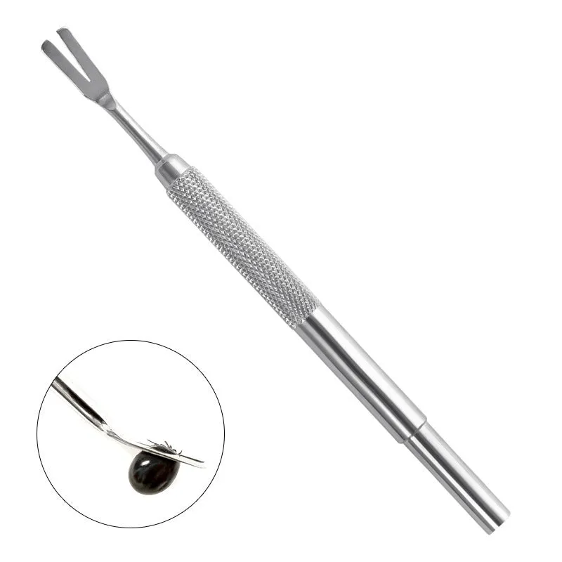 Close-up of silver stainless steel tick removal tweezers with fine pointed tip.