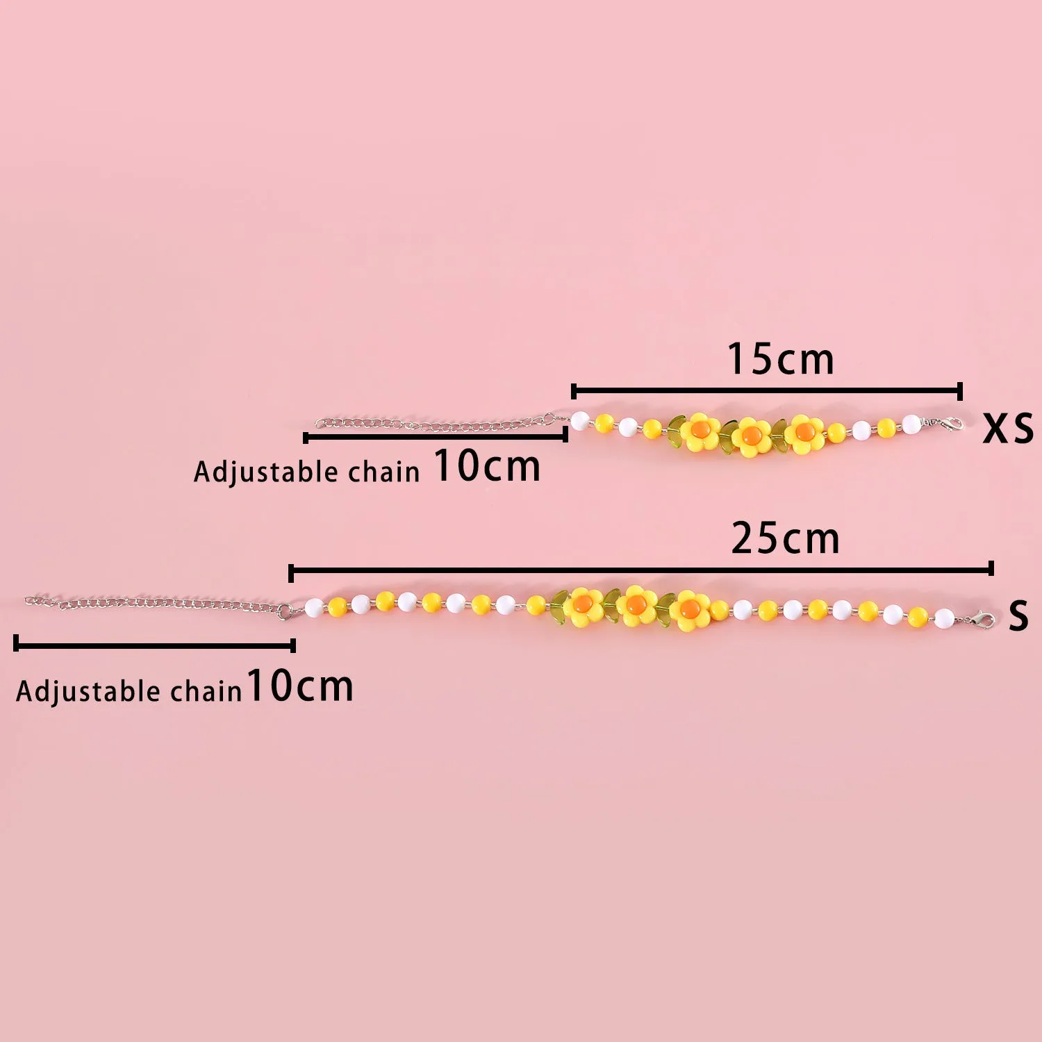 Colourful plastic pearl necklace for small pets on a white background, showing peach, rainbow, and small flower bead design options.