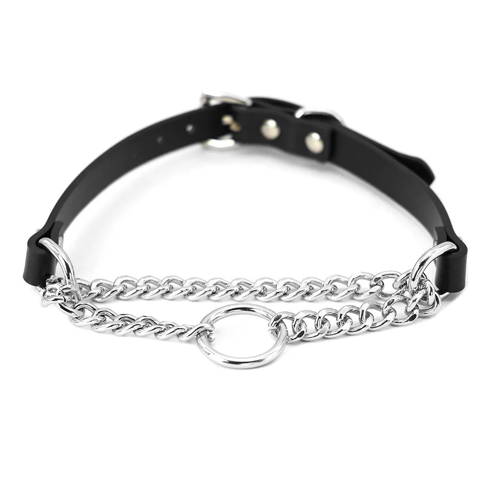 Black cowhide leather bondage collar and leash set with hand grip rope