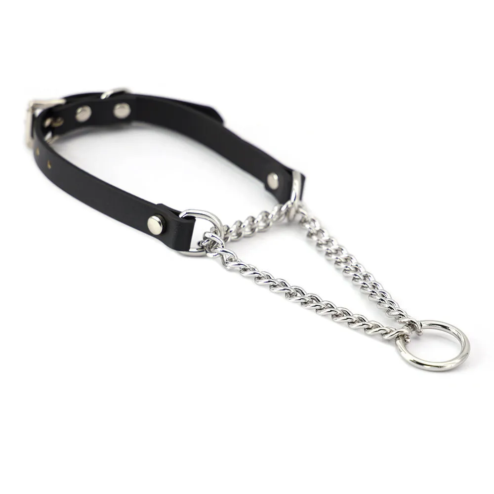 Black cowhide leather bondage collar and leash set with hand grip rope