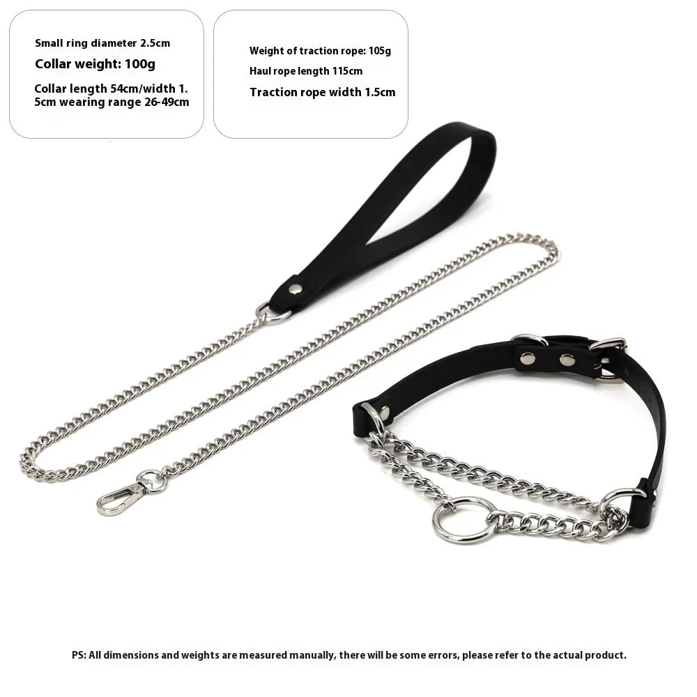 Black cowhide leather bondage collar and leash set with hand grip rope