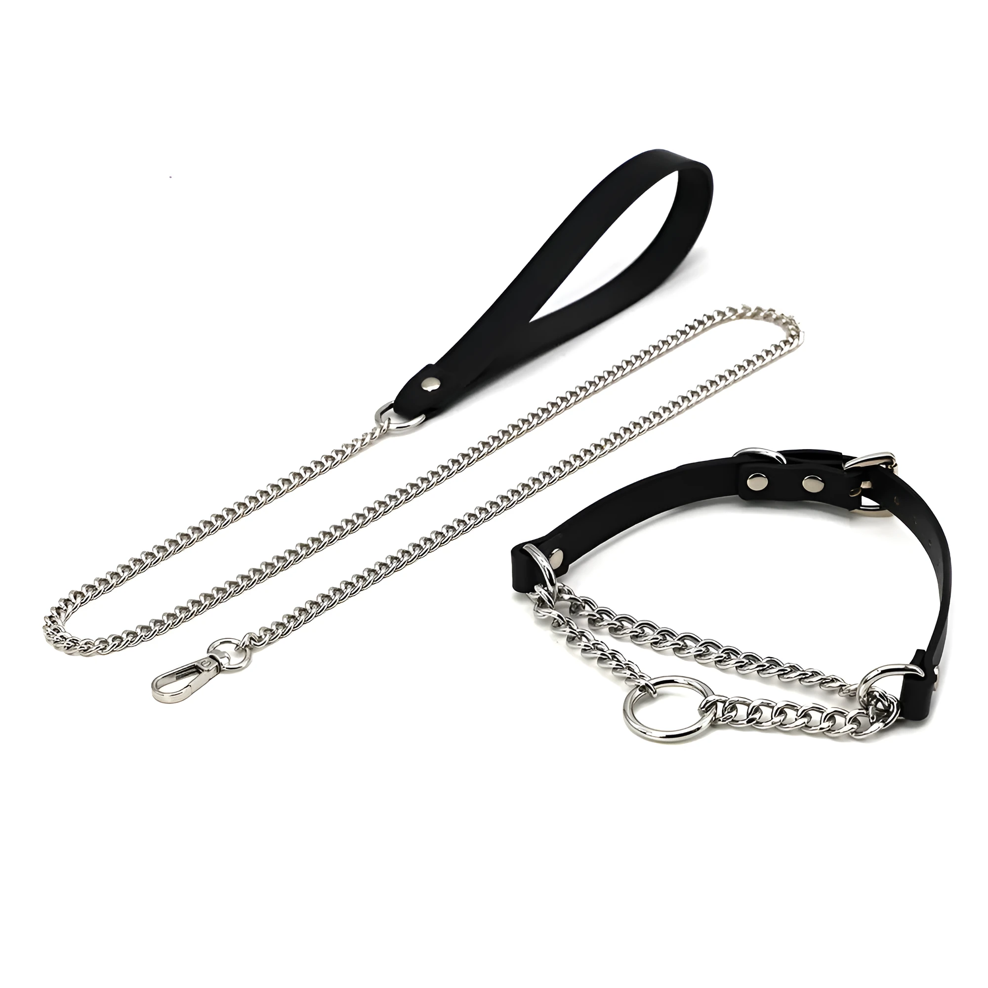 Black cowhide leather bondage collar and leash set with hand grip rope