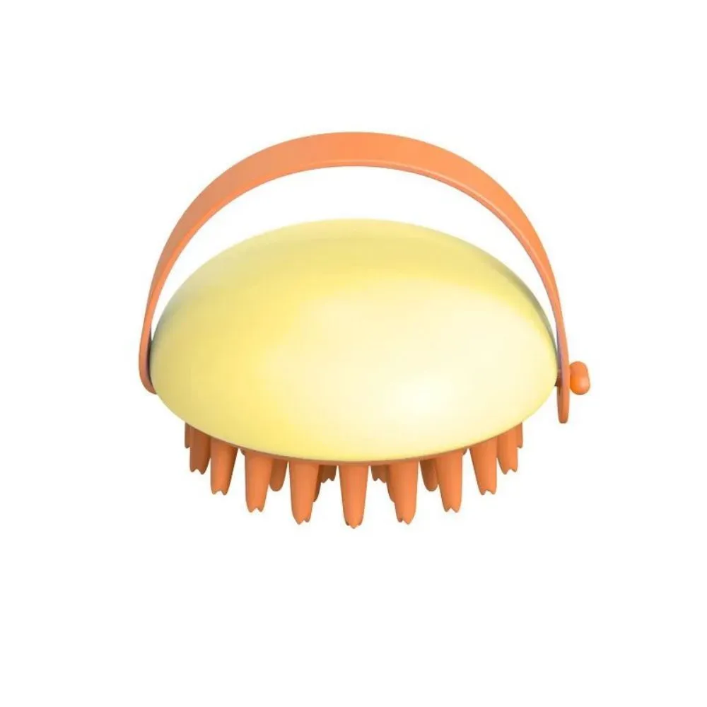 Blue silicone pet bathing and grooming brush with soft bristles and an ergonomic handle.
