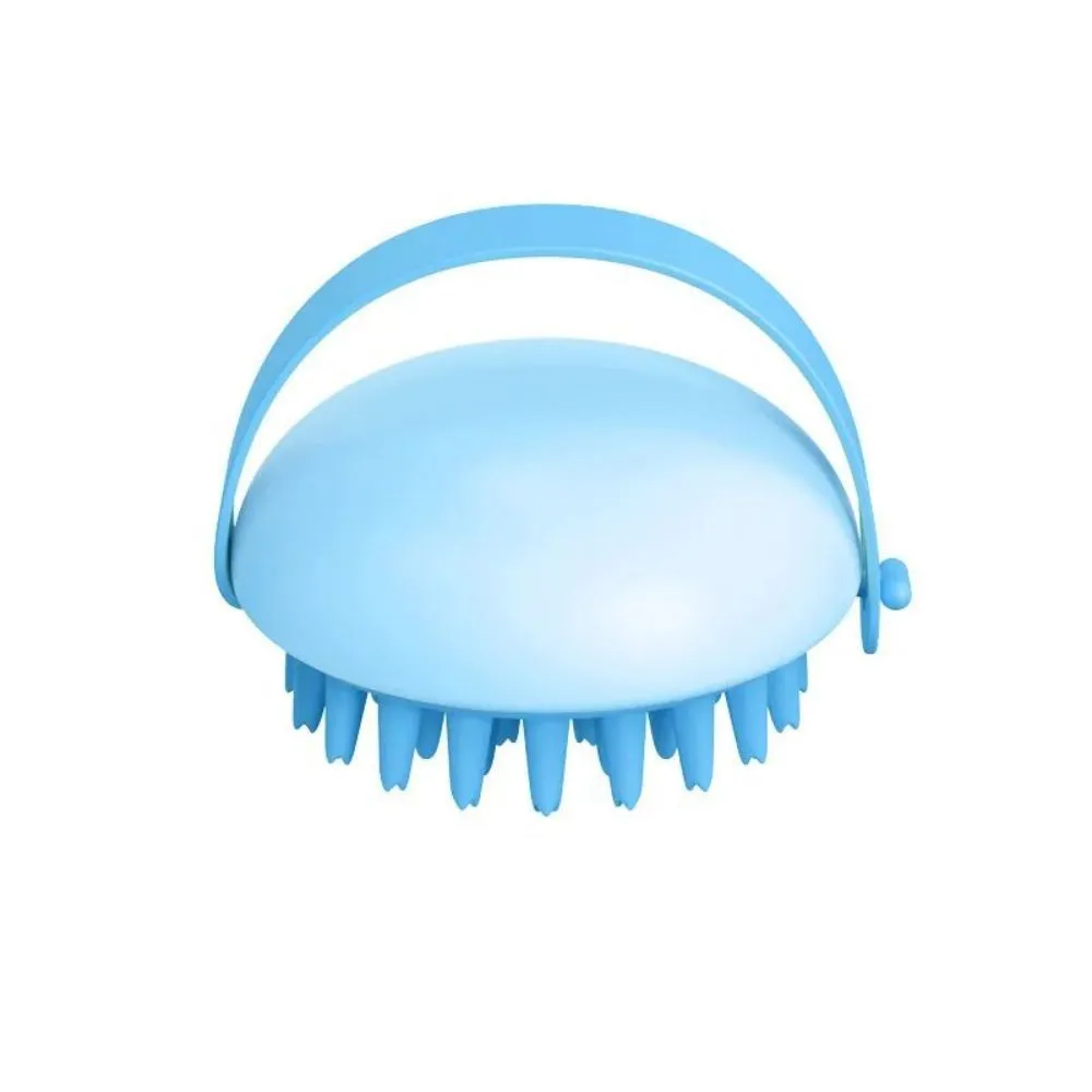Blue silicone pet bathing and grooming brush with soft bristles and an ergonomic handle.
