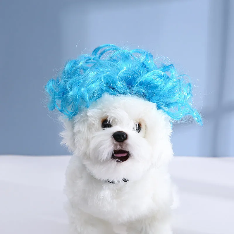Pet wig sheath costume headdress in afro, braid, and clown styles for dog or cat with 30-60cm head.