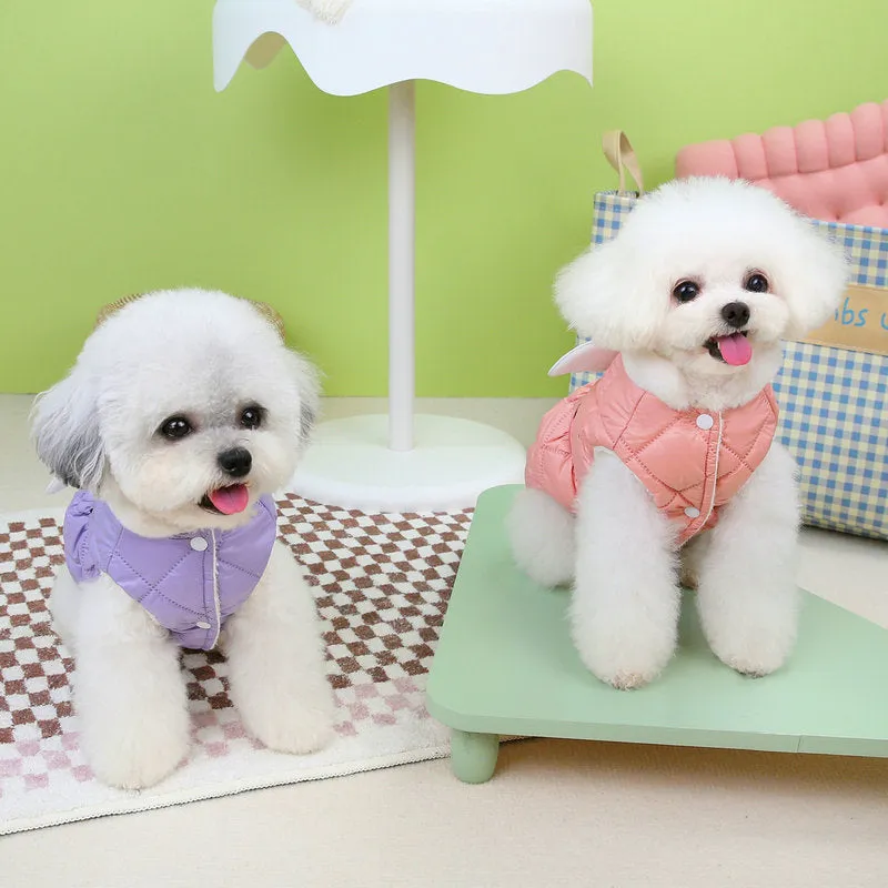 Pink polyester dog skirt for small breeds on size chart showing XS to XL options