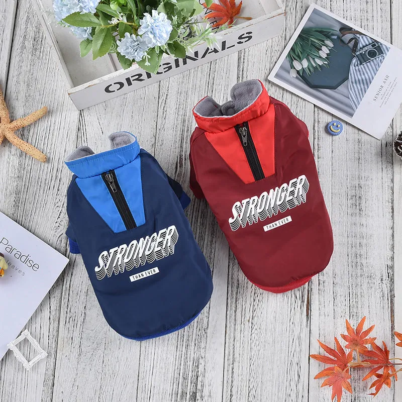 Red or blue thick cotton V-neck dog coat shown in sizes from XS to 3L for winter wear.