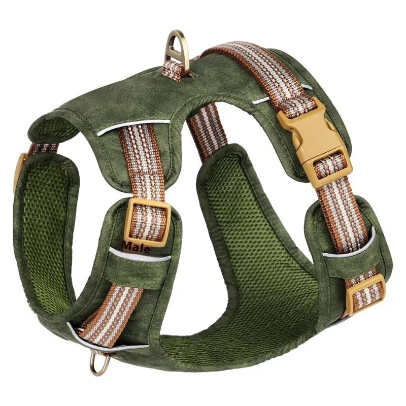 Brown leather dog harness with reflective strips and D-ring attachment on wooden background