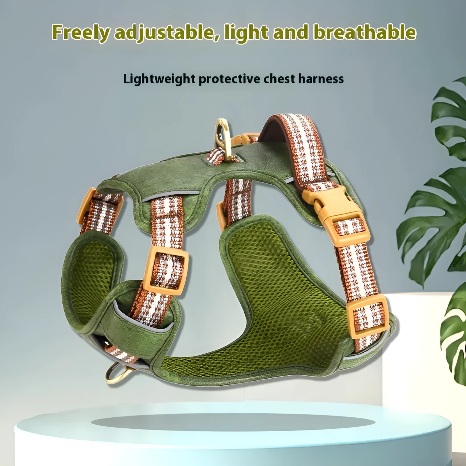 Brown leather dog harness with reflective strips and D-ring attachment on wooden background