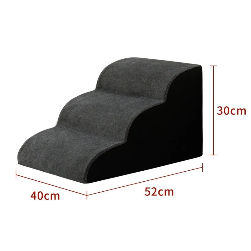 Wooden pet stairs with a removable washable cover for dogs, shown in brown, creamy white, or dark grey.