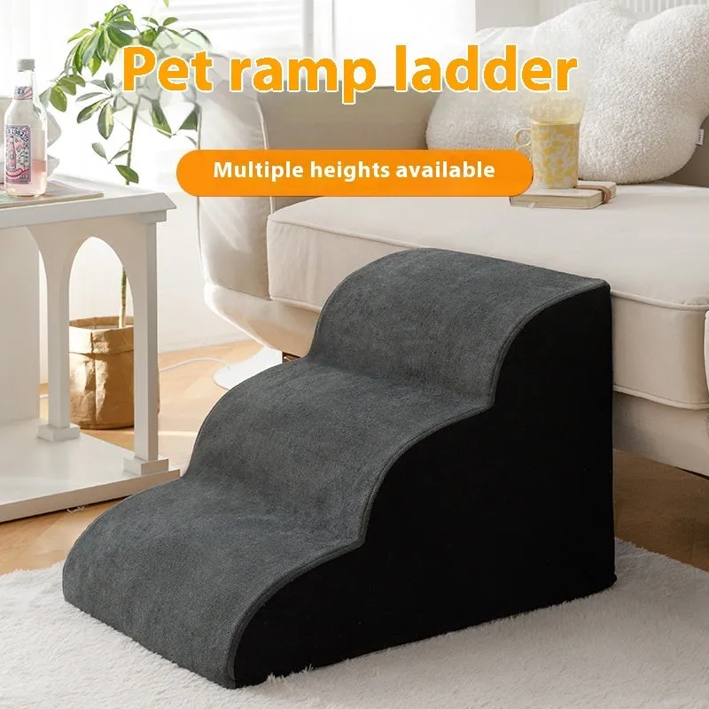 Wooden pet stairs with a removable washable cover for dogs, shown in brown, creamy white, or dark grey.