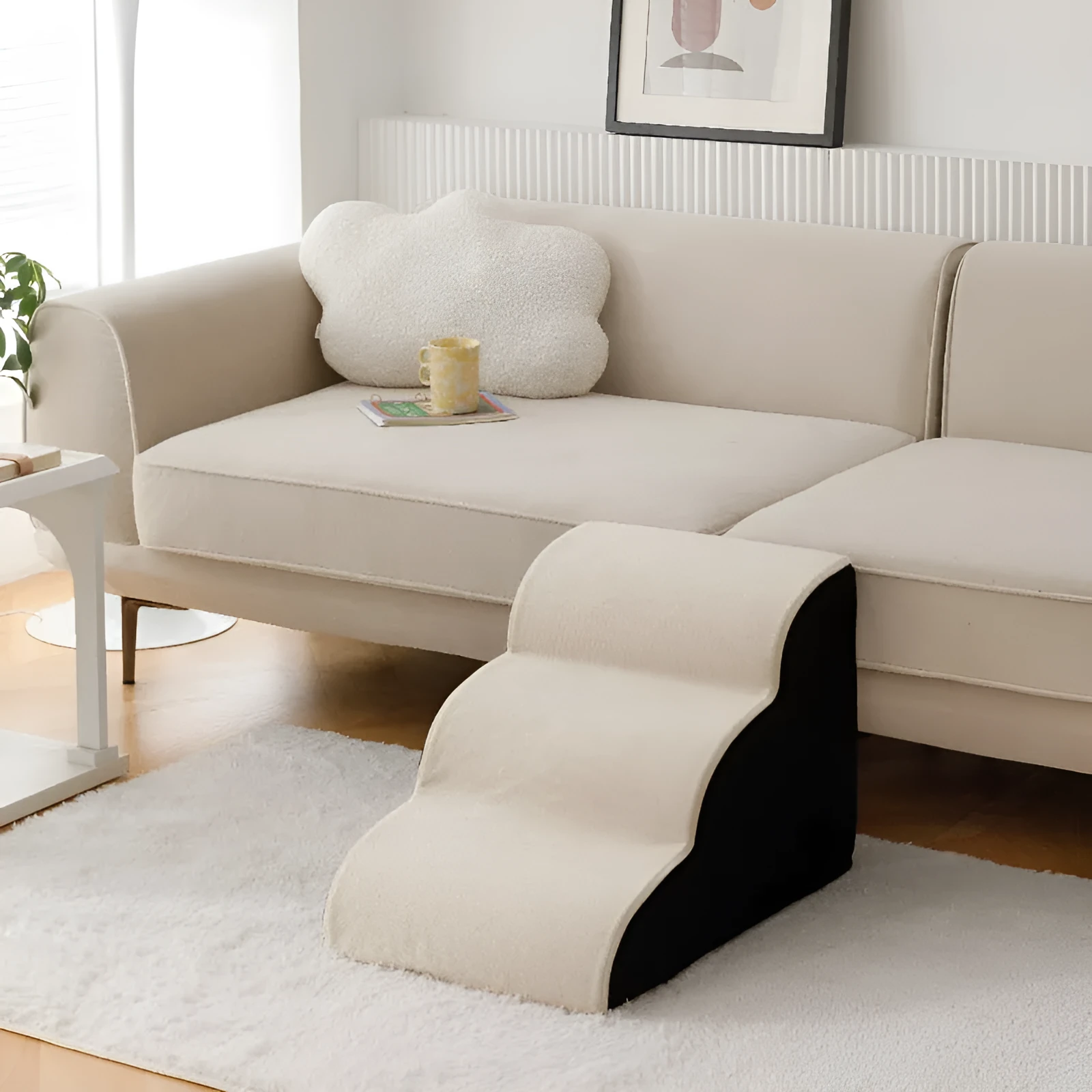 Wooden pet stairs with a removable washable cover for dogs, shown in brown, creamy white, or dark grey.