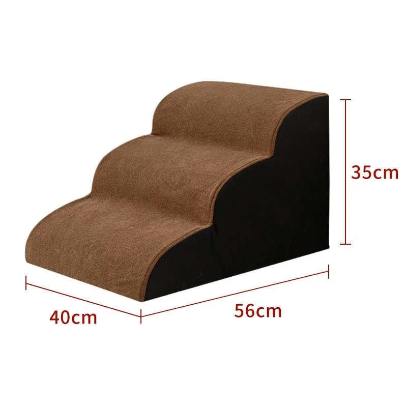 Wooden pet stairs with a removable washable cover for dogs, shown in brown, creamy white, or dark grey.