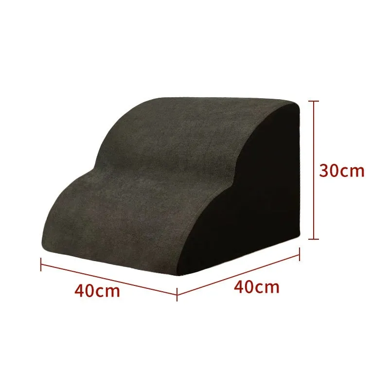 Wooden pet stairs with a removable washable cover for dogs, shown in brown, creamy white, or dark grey.